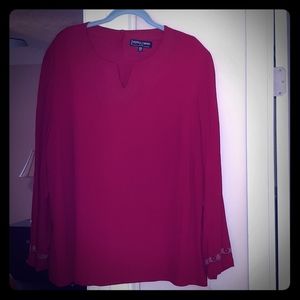 Red top with sheer long sleeves